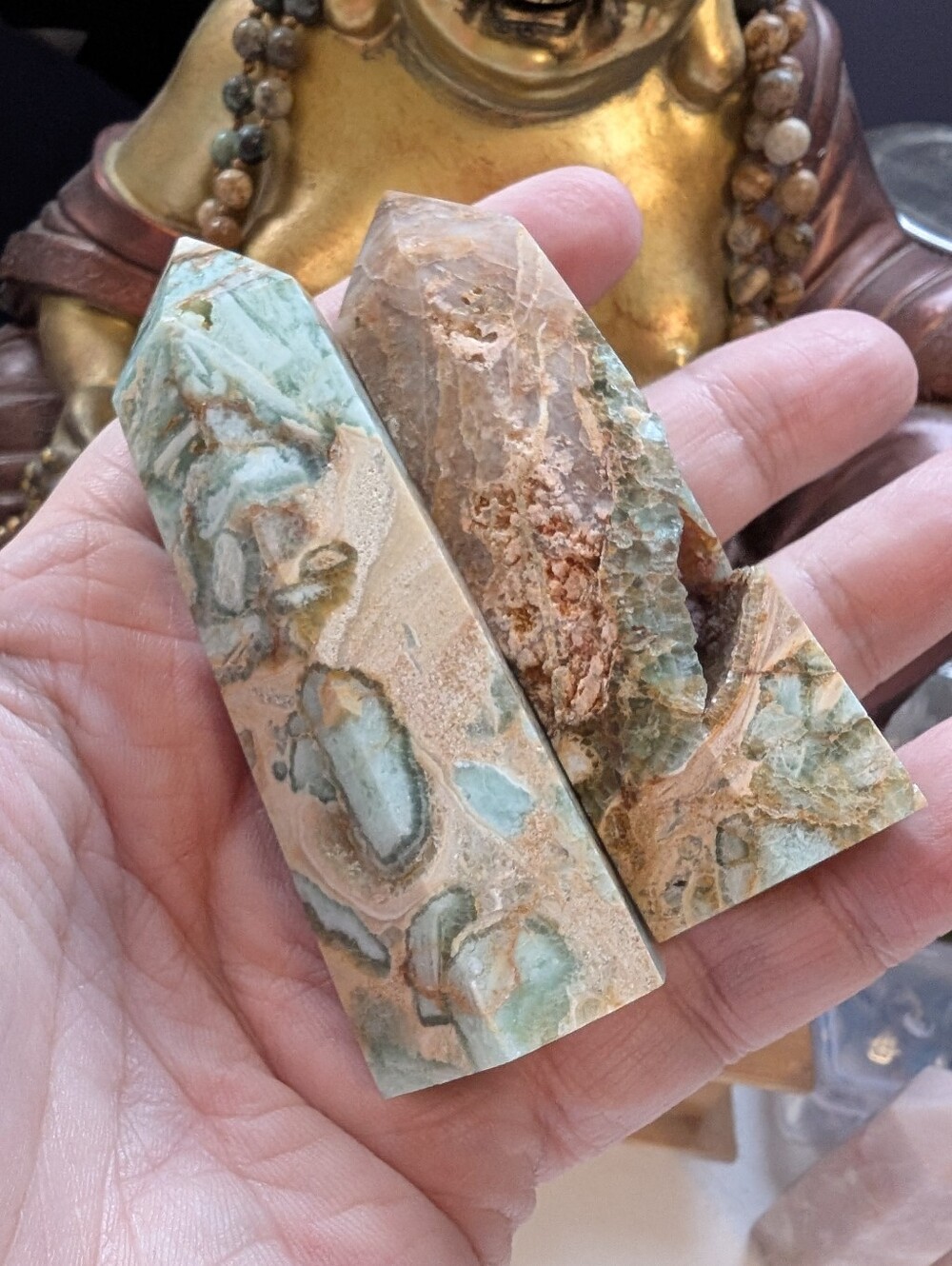 2x Natural Hemimorphite Caribbean Calcite Hand Polished Towers